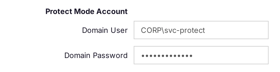 The Protect Mode Account with its domain user and password