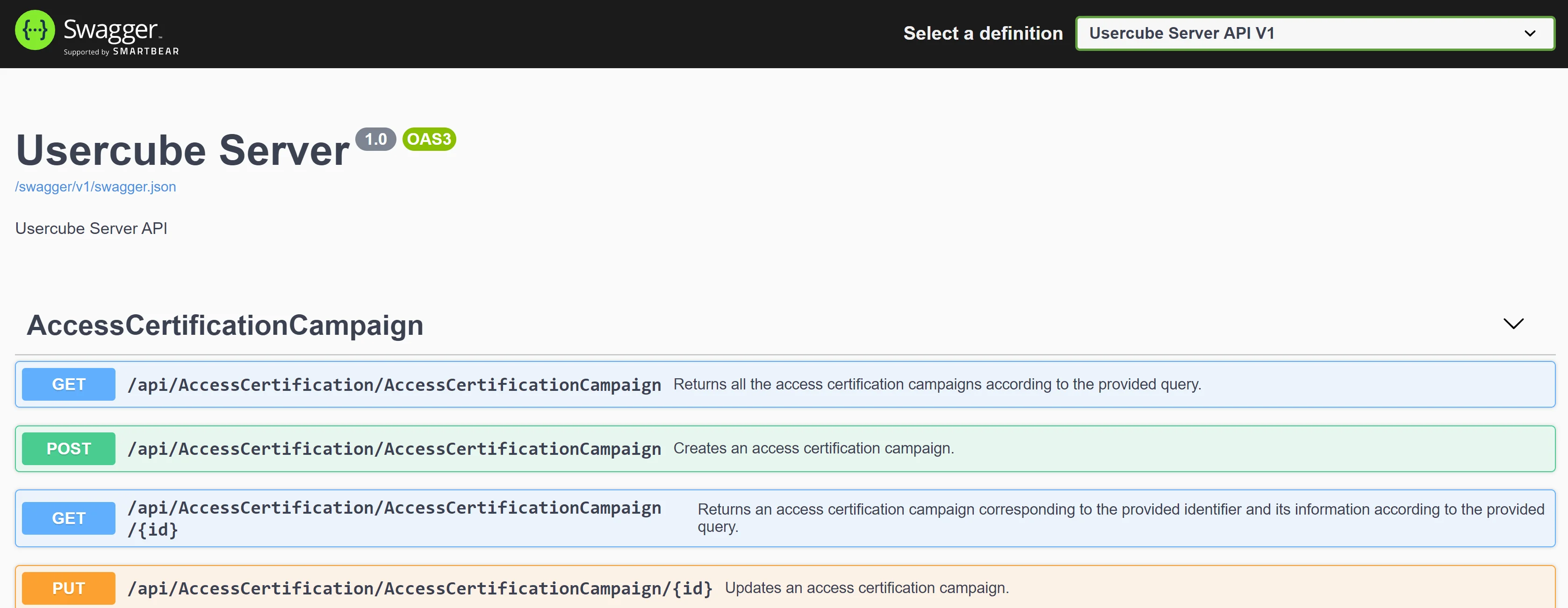 Usercube server swagger page