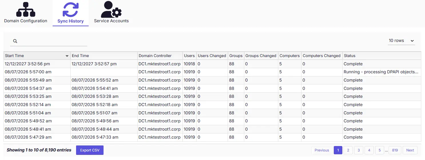 Active Directory Sync details page for a specific domain showing the Sync History tab
