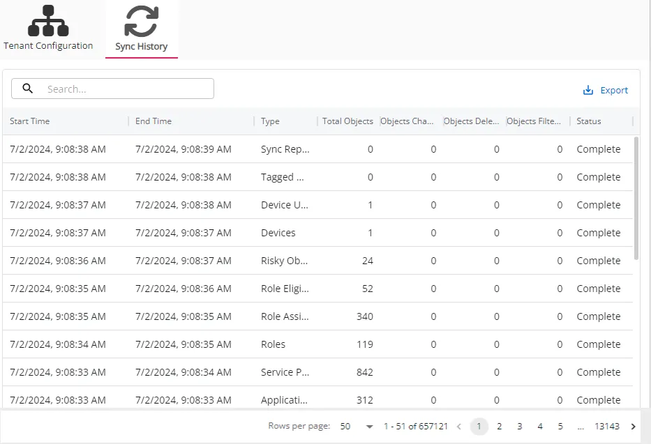 Entra ID Sync details page for a specific Entra ID tenant showing the Sync History tab