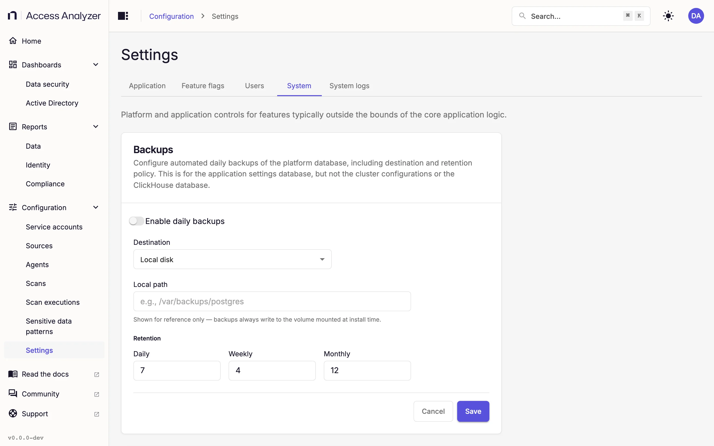 System settings with Backups and Single sign-on