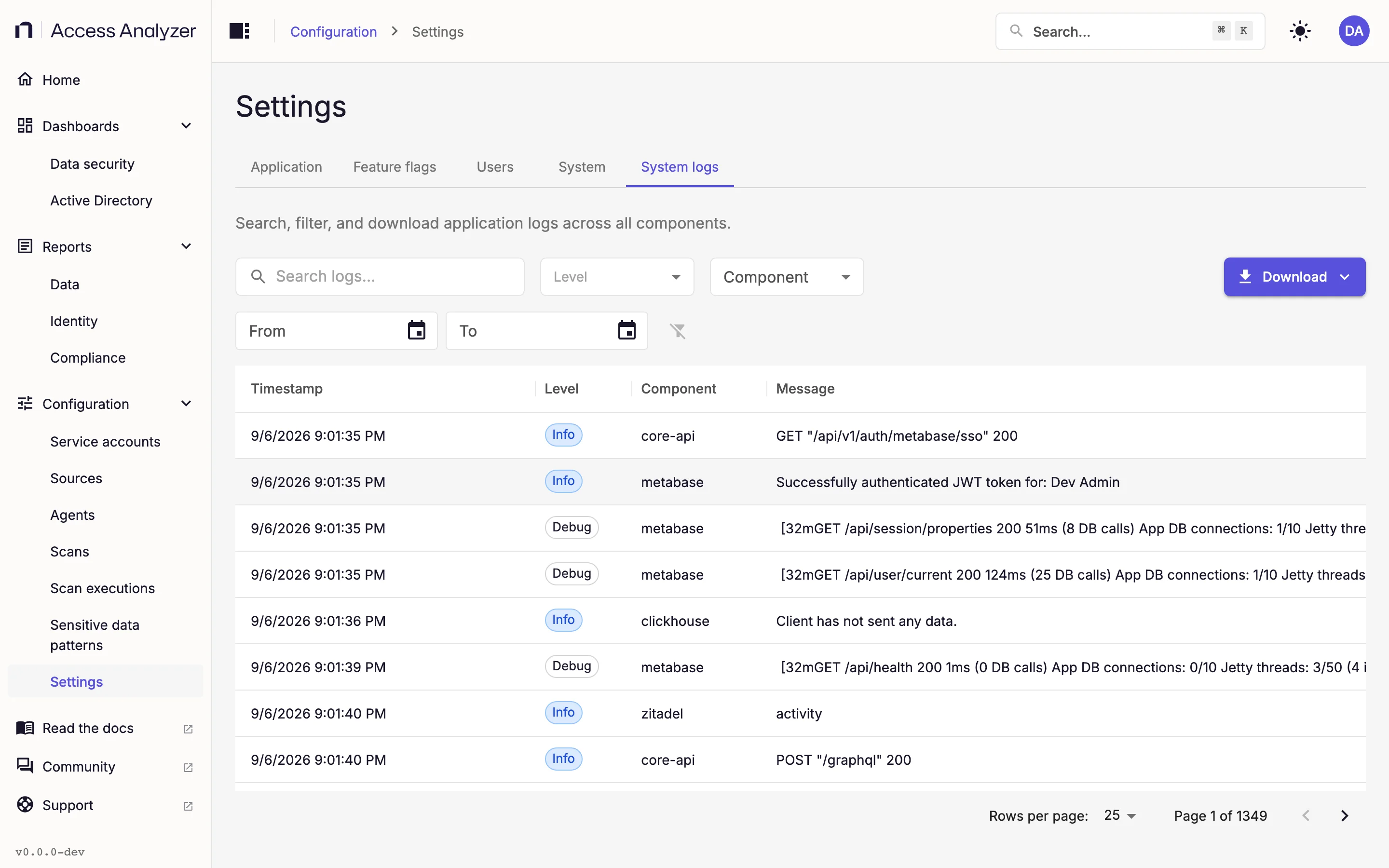 System logs tab with search, filters, and log table