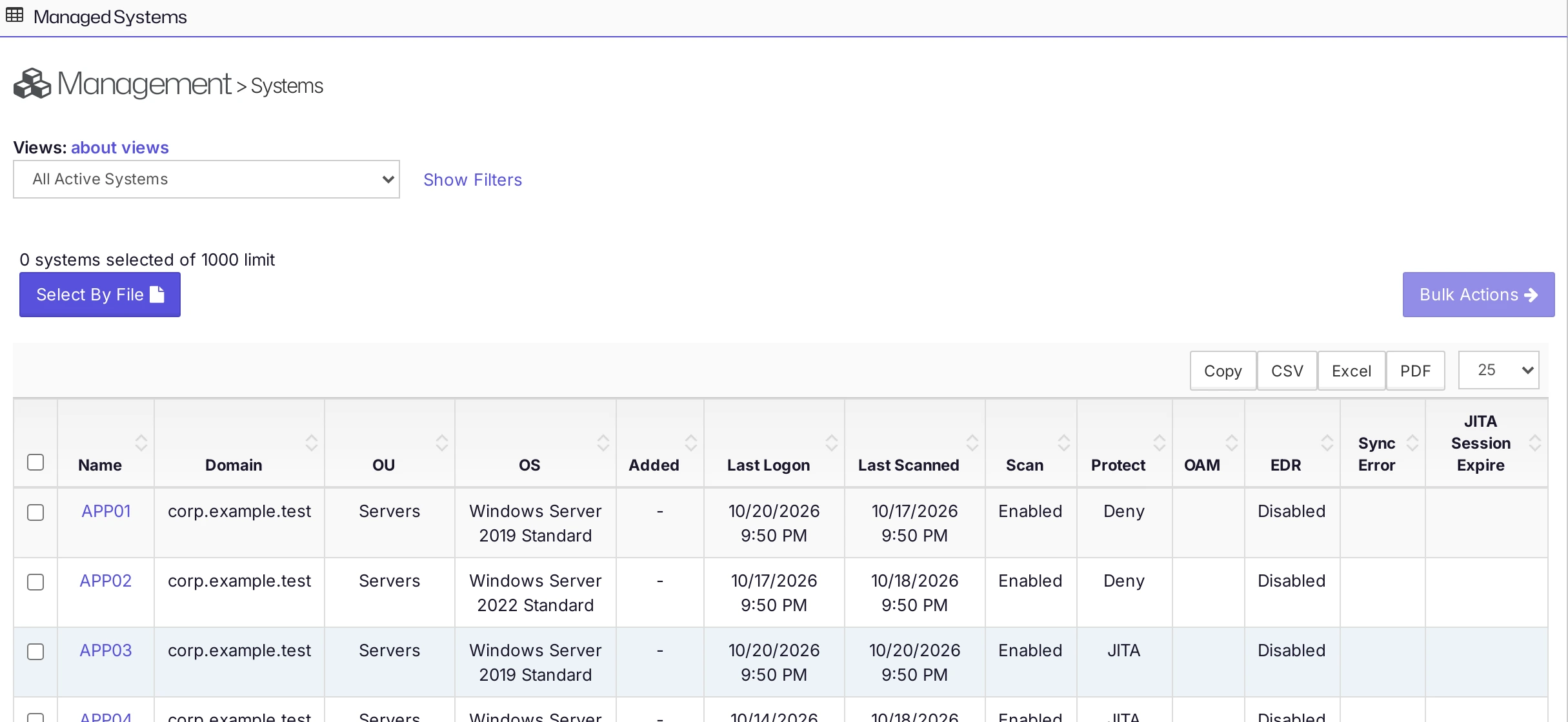 The Systems screen with the Views list, the Show Filters link, and the table of systems with their scan and Protect Mode status