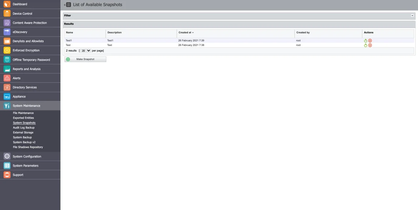 The System Snapshots module allows you to save all device control rights and settings in the system and restore them later if needed