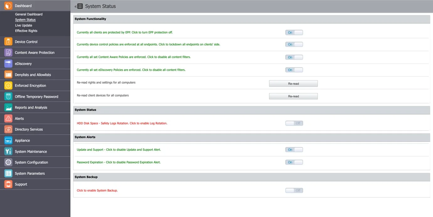 View general information of the system’s functionality, alerts, and backup status