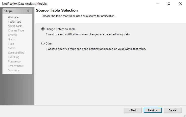 Notification Data Analysis Module wizard Source Table Selection page