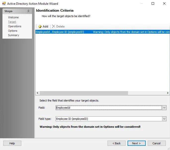 Active Directory Action Module Wizard Target page