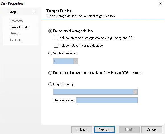 Disk Info wizard Target Disks page
