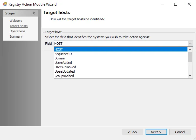 Registry Action Module Wizard Target hosts page