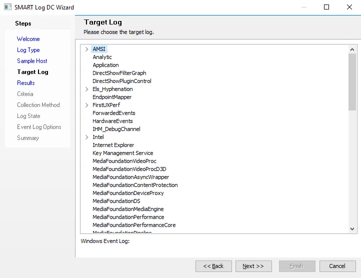 SMART Log DC Wizard Target Log page for Windows Event Log