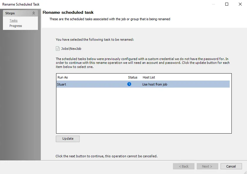 Rename Scheduled Task wizard Tasks page