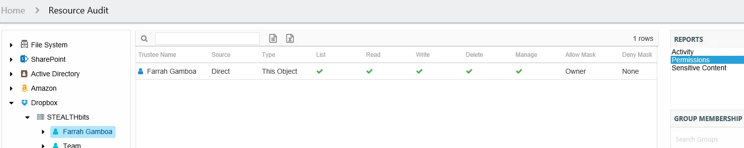 Permissions report at the Team Member, Resource, and Subfolder level