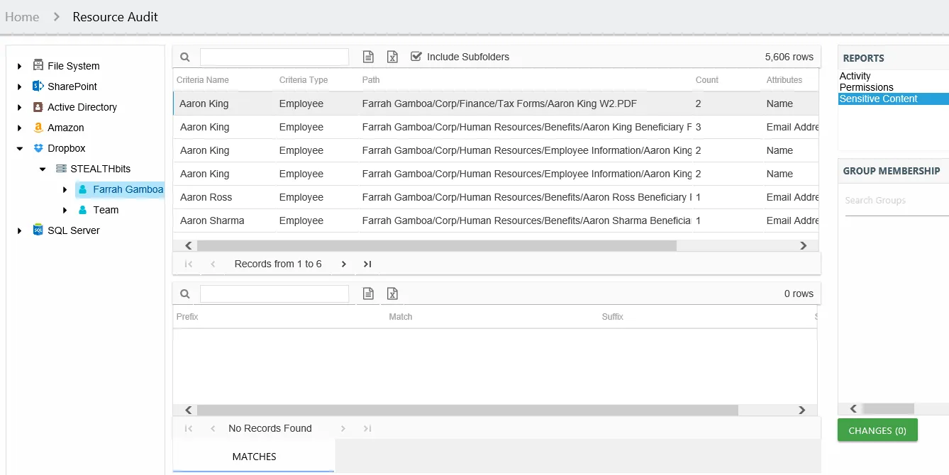 Sensitive Content report at the Team Member, Resource, and Subfolder level