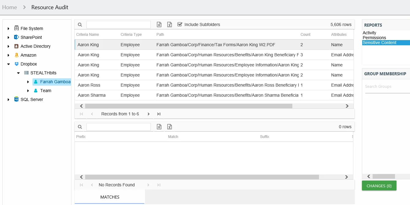 Sensitive Content report at the Team Member, Resource, and Subfolder level