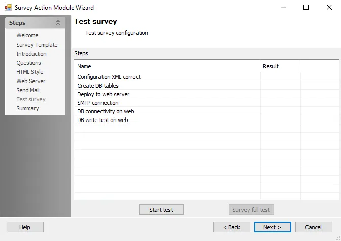 Survey Action Module Wizard Test Survey page