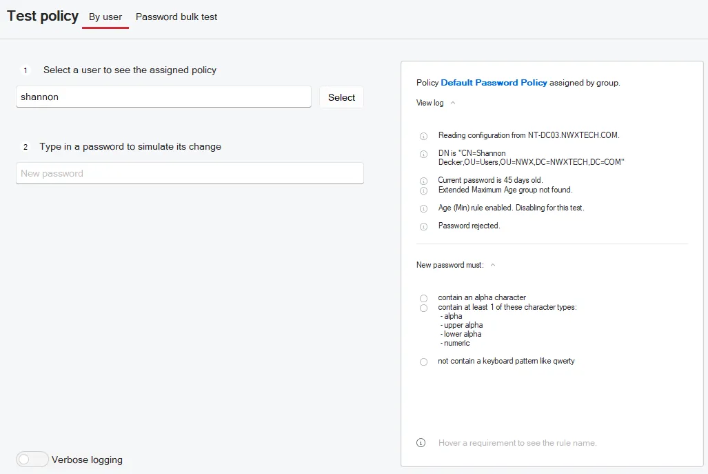 Expand View log under Test to see which policy is enforced