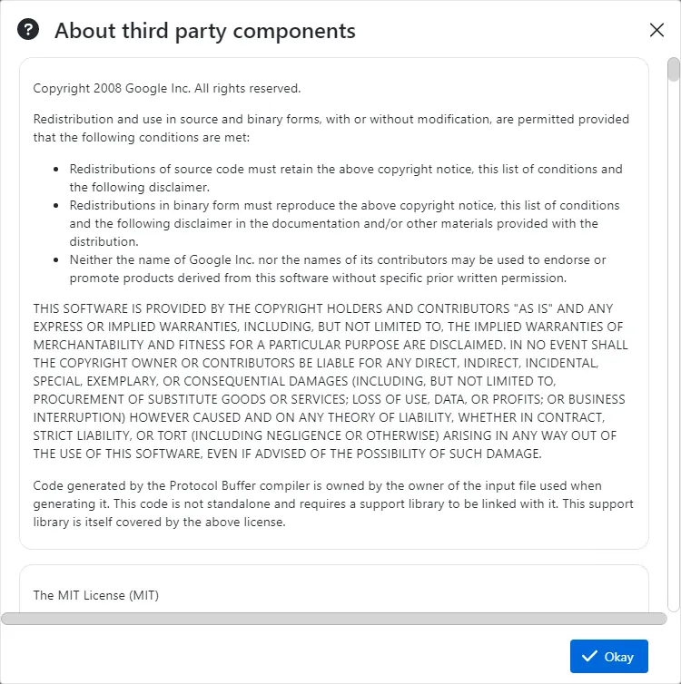 About third party components window