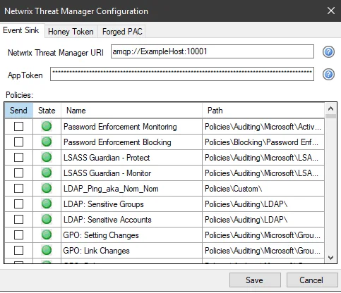 Netwrix Threat Manager Configuration window - Event Sink tab