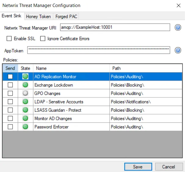 Netwrix Threat Manager Configuration window - Event Sink tab