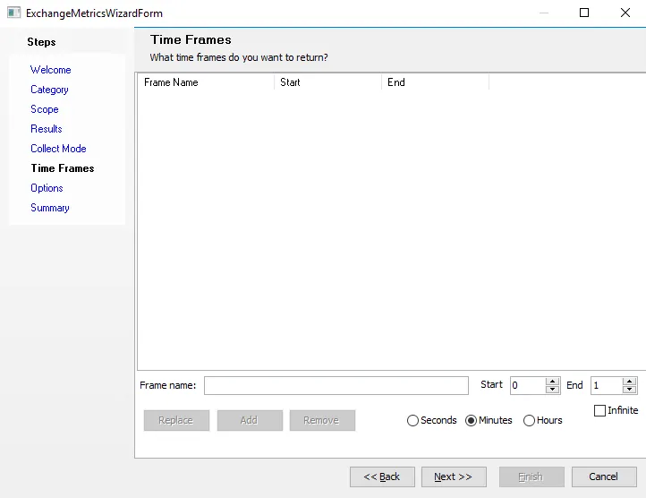 Exchange Metrics Data Collector Wizard Time Frames page