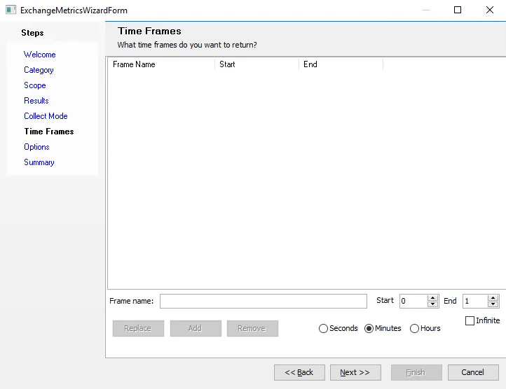 Exchange Metrics Data Collector Wizard Time Frames page