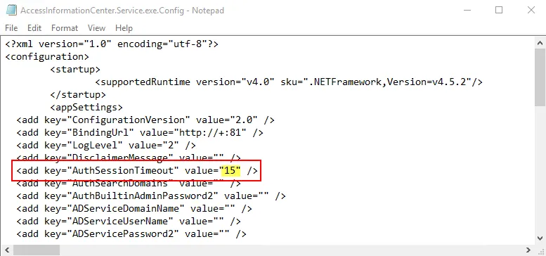 Notepad showing the AccessInformationCenter.Service.exe.Config file