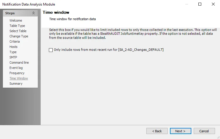 View and Table Creation Analysis Module wizard Source and Time Window page