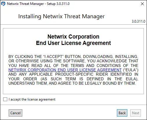 Netwrix Threat Manager Setup wizard EULA page