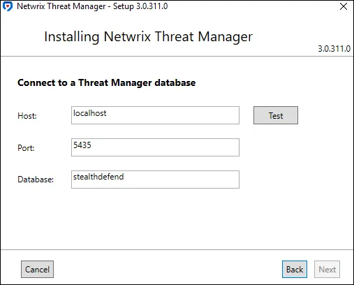 Connect to a Threat Manager Database page