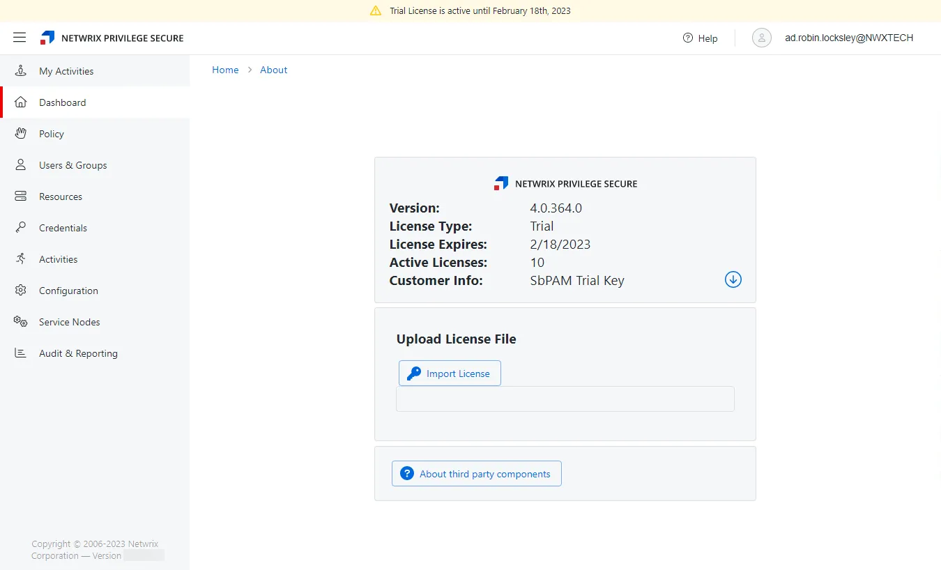 About page showing trial license details