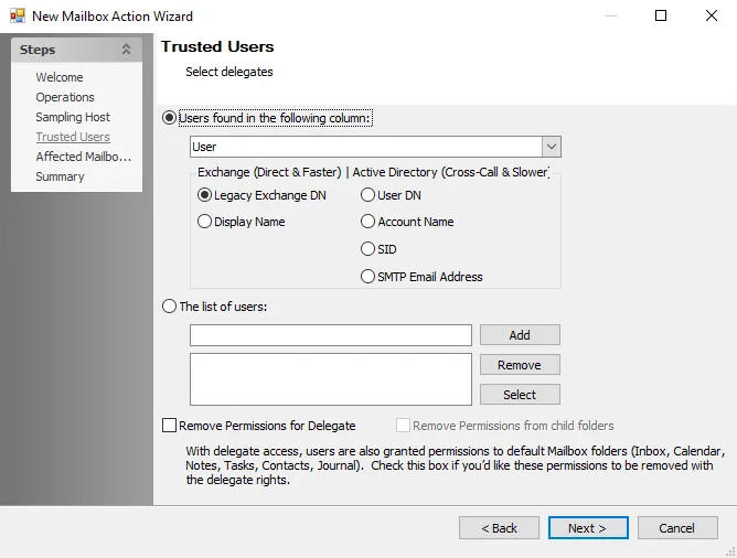 New Mailbox Action Wizard Trusted Users page