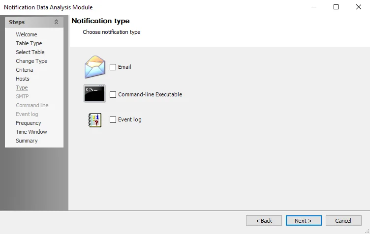 Notification Data Analysis Module wizard Notification Type page