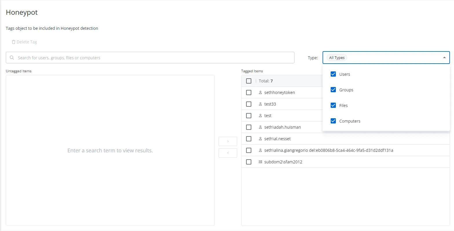 Honeypot tag with the Types drop-down menu open