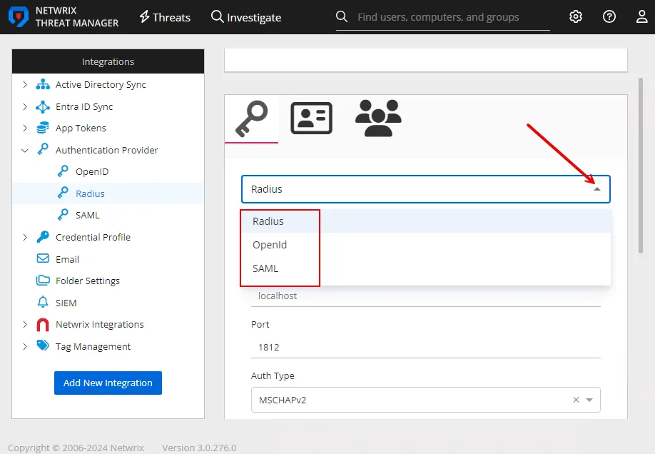 Integrations interface displaying the details for an Authentication Provider with the type drop-down menu open