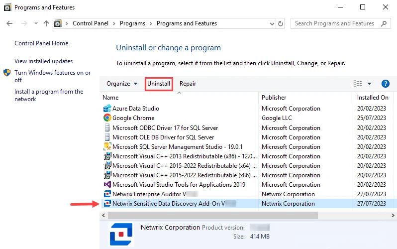 Windows Control Panel Uninstall or change a program window