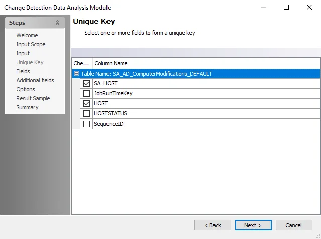Change Detection Data Analysis Module wizard Unique Key page
