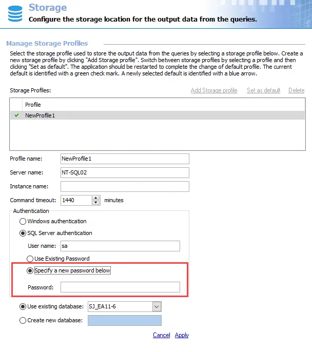 Specify a new password below option on Storage page