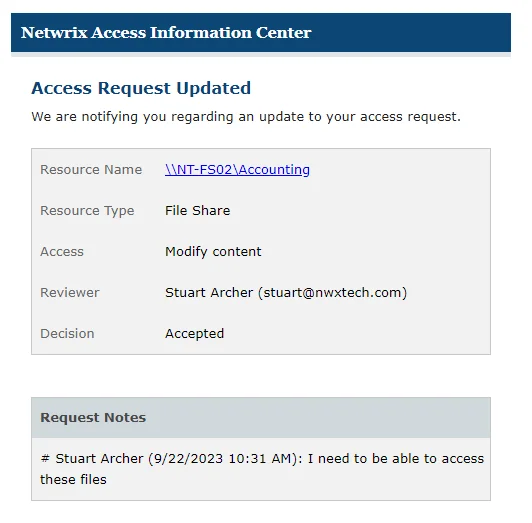 Access Request Accepted status update email