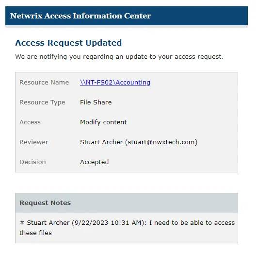 Access Request Accepted status update email