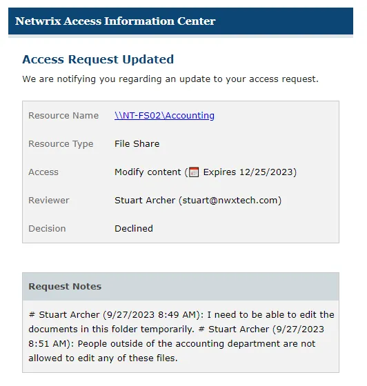 Access Request Declined status update email