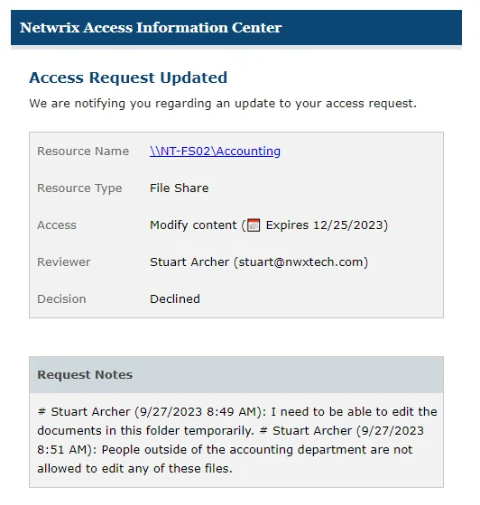 Access Request Declined status update email