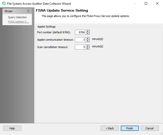 FSAA Data Collector Wizard FSAA Update Service Setting page