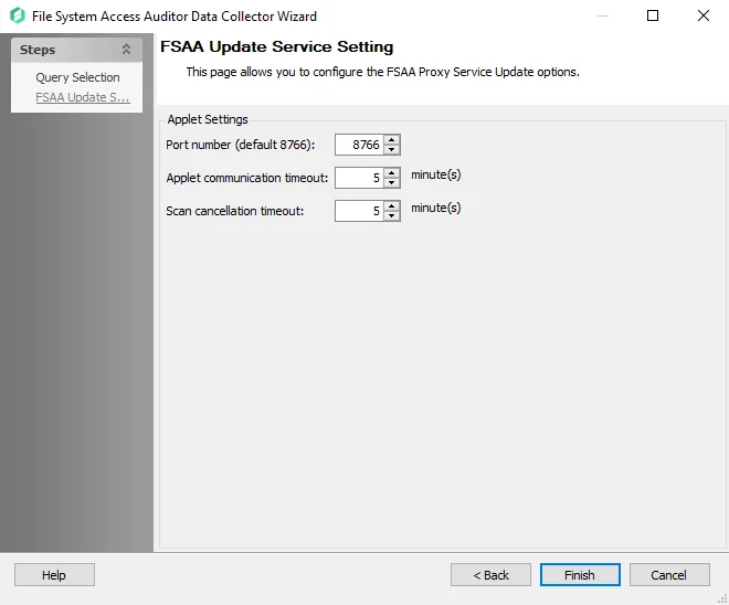 FSAA Data Collector Wizard FSAA Update Service Setting page