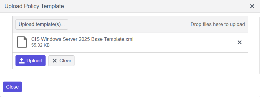 Uploading a configuration template with a CIS benchmark name