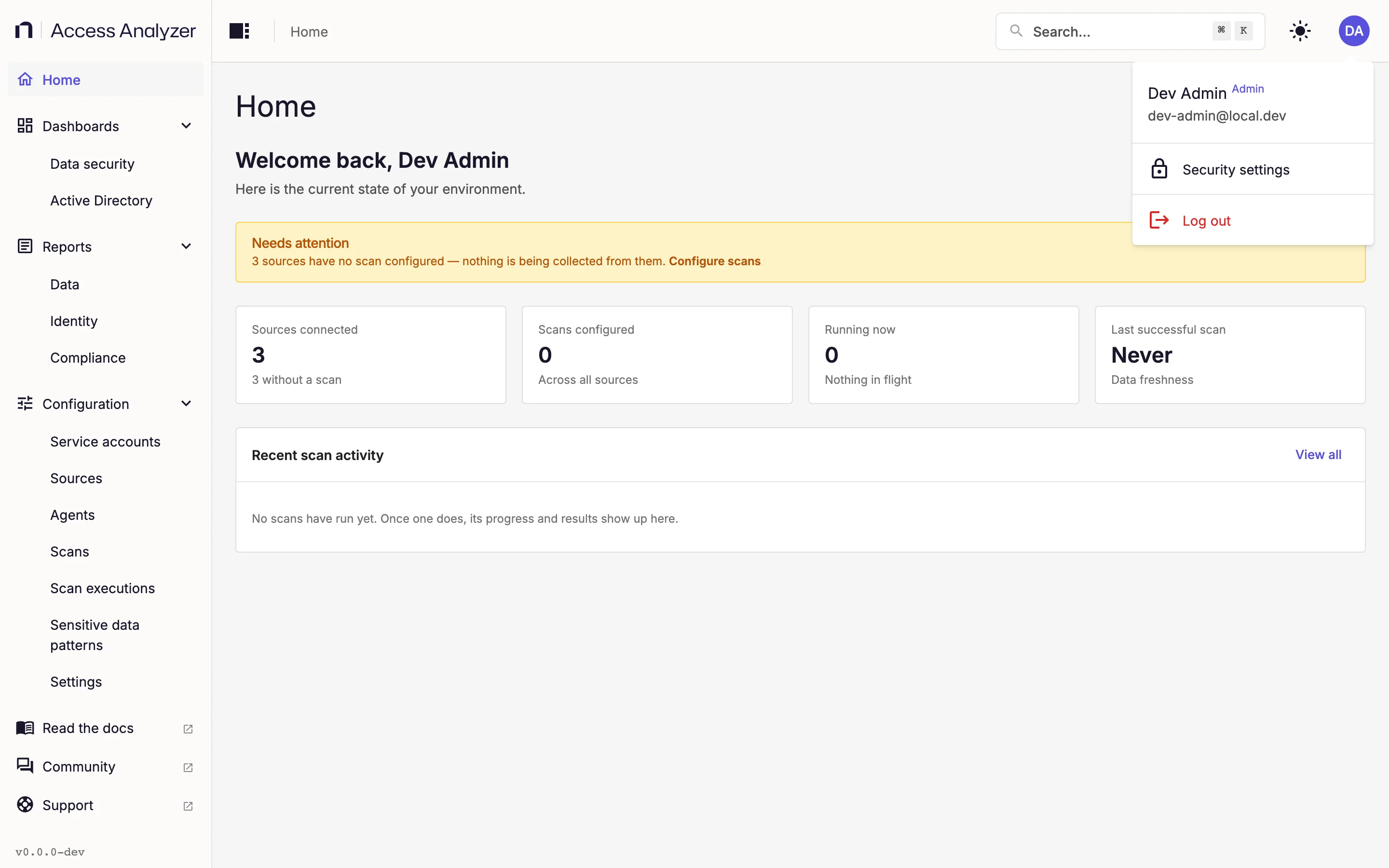 User menu showing the signed-in user's name, role, email, Security settings, and Log out