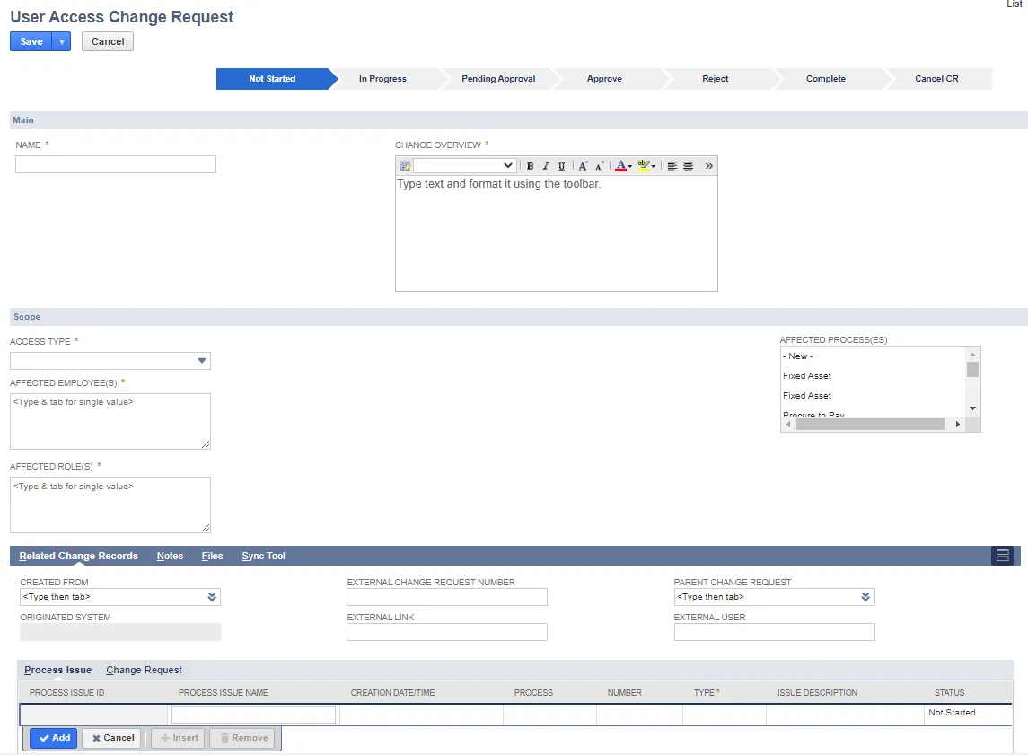 New User Access Change Request form