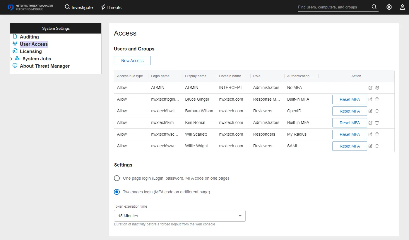 System Settings interface on the User Access page