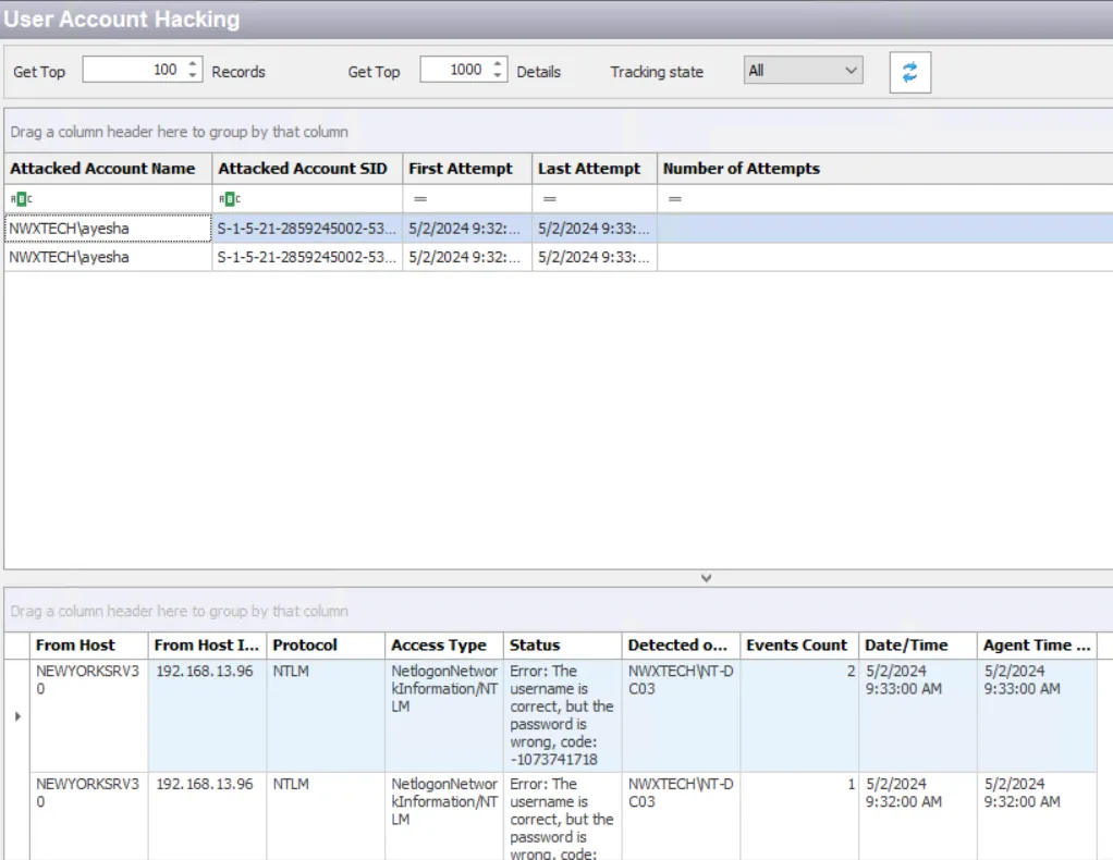 User Account Hacking Analytic Type window