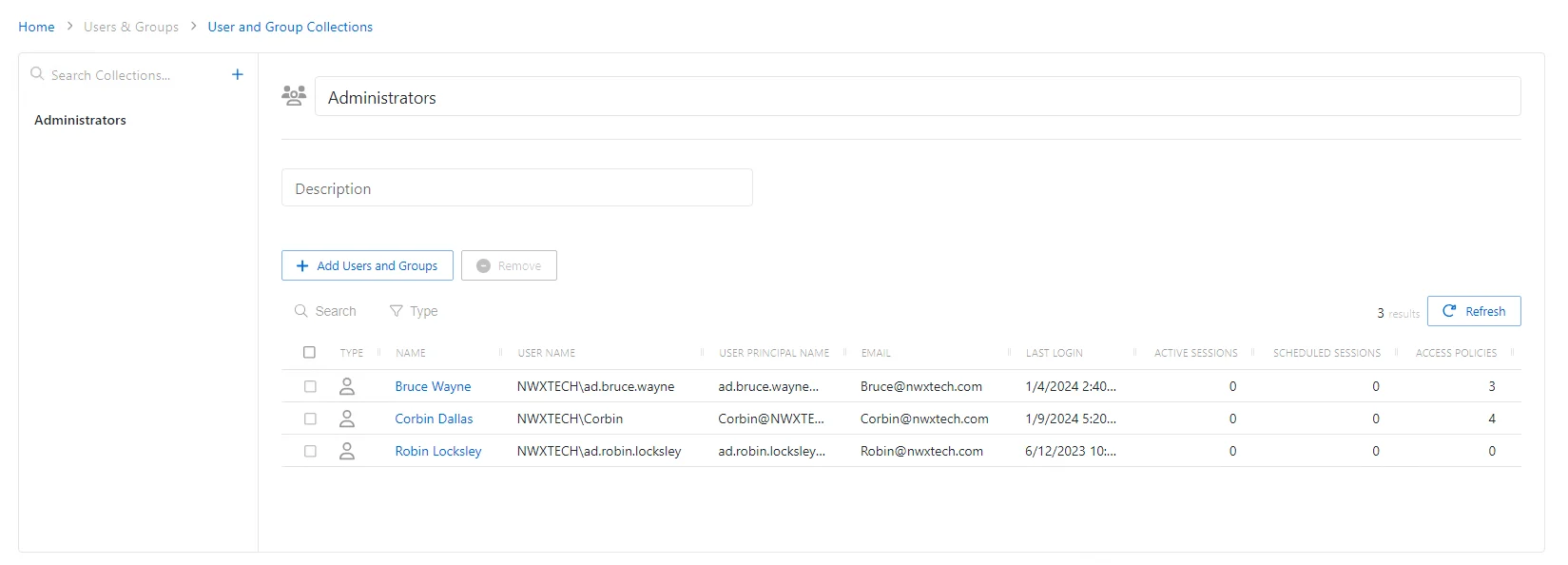 Users and Group Collections Page