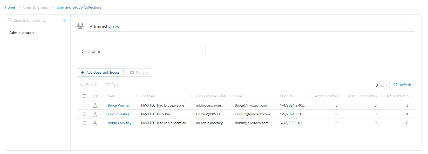 Users and Group Collections Page